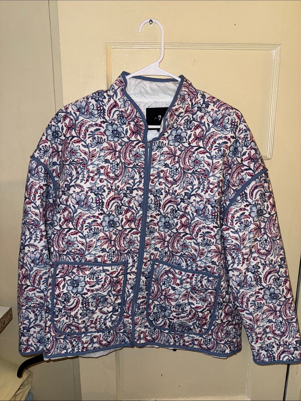 7 For All Mankind Spring Jacket - Quilted Floral Jacket in Blue & Burgundy